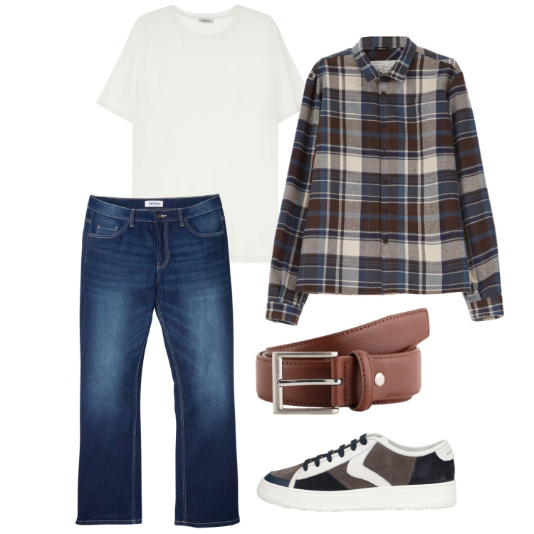 Outfit uomo - Fine marzo. Stile Casual per Tutti i giorni. Abbinamento con jeans bootcut, sneakers, t-shirt, camicie, cinture.