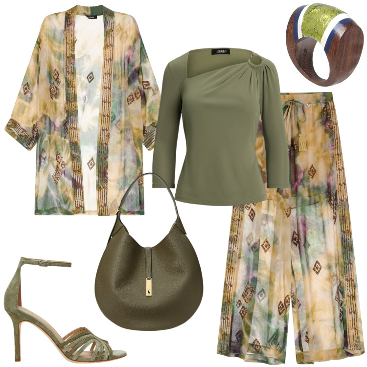 Outfit donna - Trasparenze per il completo. Stile Etnico per Tutti i giorni. Abbinamento con anelli, pantaloni a palazzo, trench, top, borse a spalla, sandali in pelle.