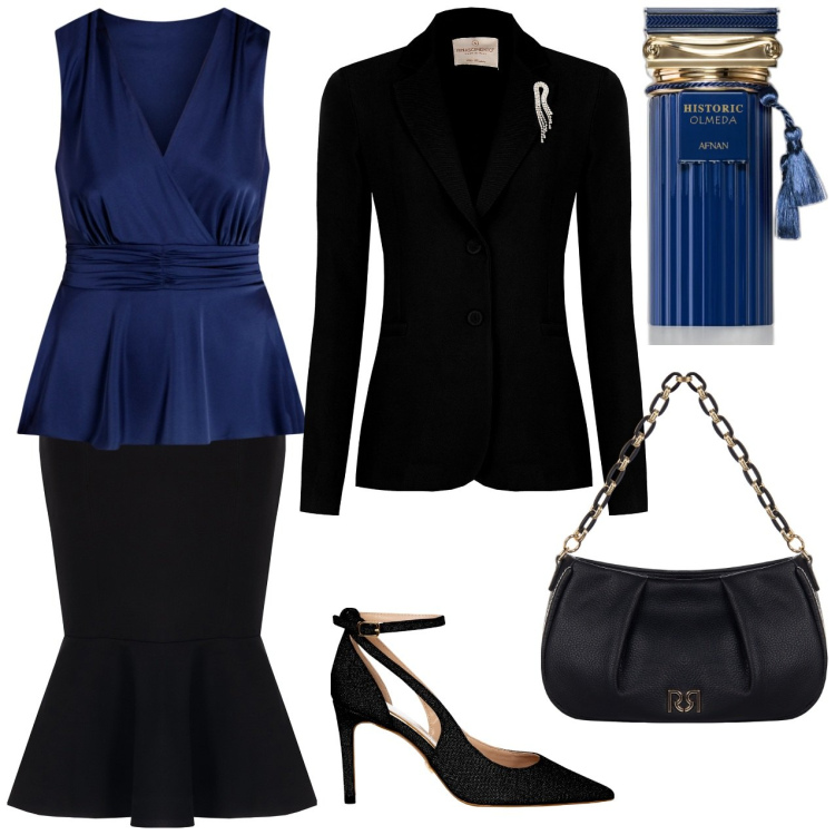 Outfit donna - Nero e blu. Stile Casual chic per Serata fuori. Abbinamento con blazer, top, décolleté, gonne longuette, borse a tracolla, profumi.