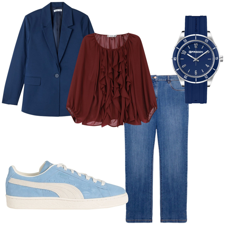 Outfit donna - A spasso per la città. Stile Trendy per Tutti i giorni. Abbinamento con sneakers, blazer, orologi, bluse, jeans dritti.