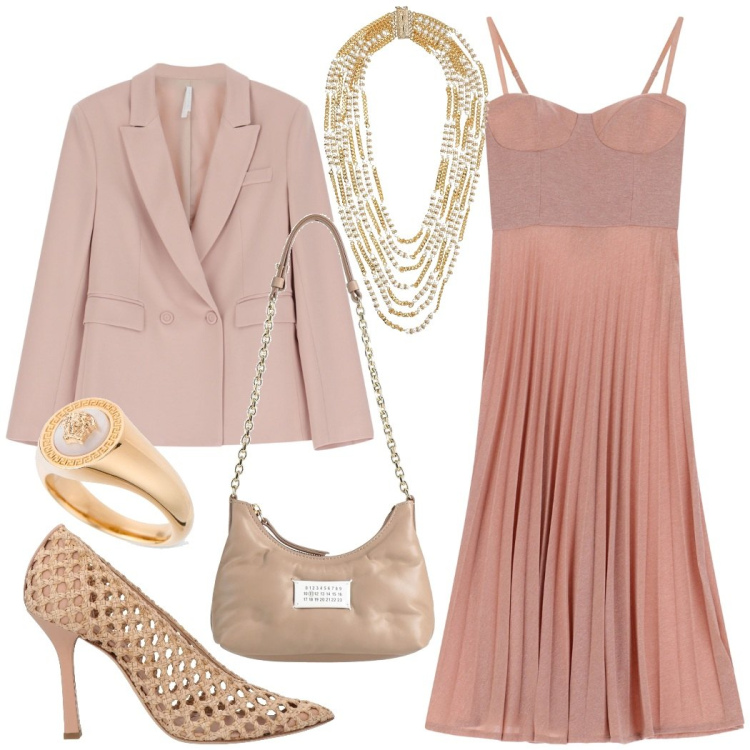 Outfit donna - Rosa cipria da sera. Stile Chic per Serata fuori. Abbinamento con décolleté, borse a spalla, vestiti midi/longuette, blazer, collane, anelli.