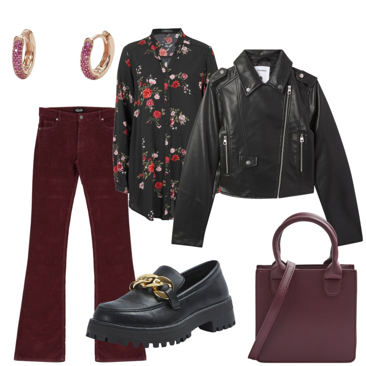 Outfit donna - Aperitivo con le amiche. Stile Trendy per Tutti i giorni. Abbinamento con camicie, giacche, mocassini, shopping bag, orecchini, jeans a zampa.