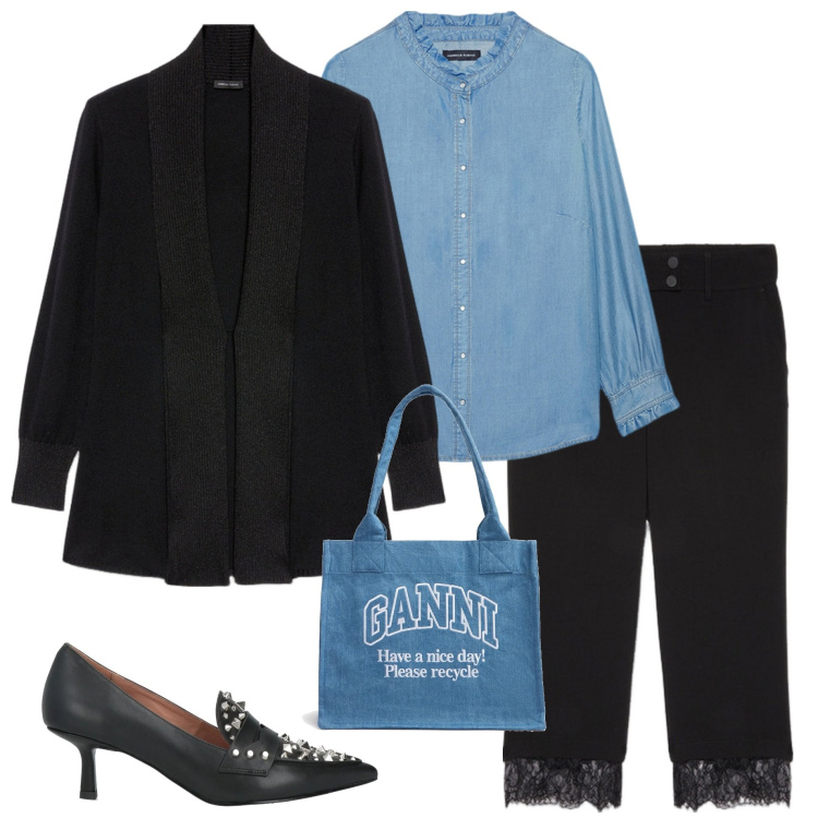 Outfit donna - In ufficio. Stile Casual chic per Ufficio. Abbinamento con mocassini, camicie, pantaloni, cardigans, shopping bag.