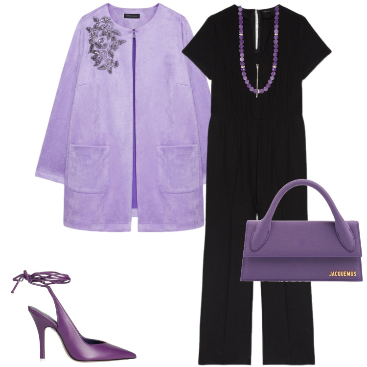 Outfit donna - Serata evento. Stile Chic per Serata fuori. Abbinamento con décolleté, collane, tute, trench, borse a mano.