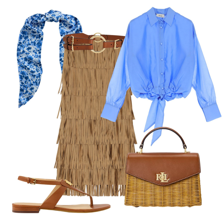 Outfit donna - Frange cuoio e celeste Siviglia. Stile Casual chic per Tutti i giorni. Abbinamento con gonne lunghe, camicie, borse a mano, sandali, cinture, sciarpe.