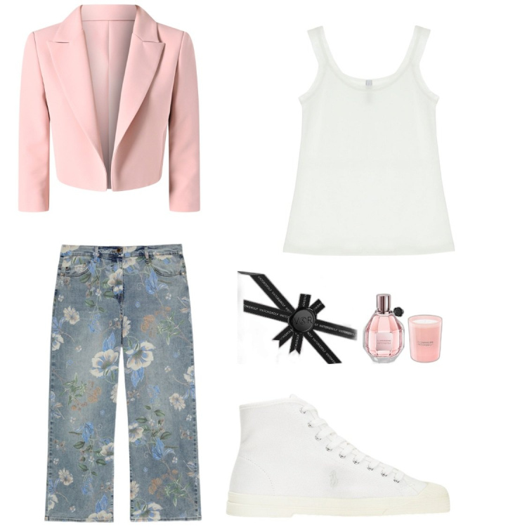 Outfit donna - Rosa e fiori. Stile Bon Ton per Tutti i giorni. Abbinamento con profumi, blazer, canottiere, sneakers alte, jeans dritti.