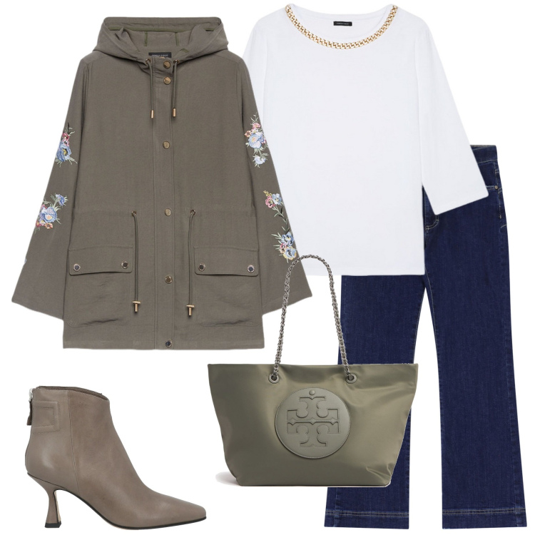 Outfit donna - In città. Stile Casual chic per Tutti i giorni. Abbinamento con stivaletti, jeans a zampa, parka, t-shirt, shopping bag.