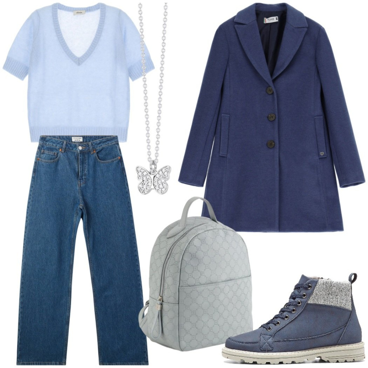 Outfit donna - Urban style. Stile Urban per Scuola/Università. Abbinamento con stivaletti, jeans, collane, cappotti, maglieria, zaini.
