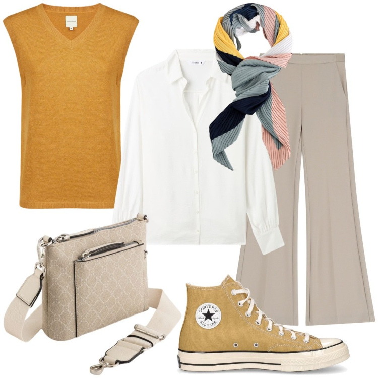 Outfit donna - All\' università. Stile Urban per Scuola/Università. Abbinamento con camicie, pantaloni, maglieria, sneakers, foulard, borse a tracolla.