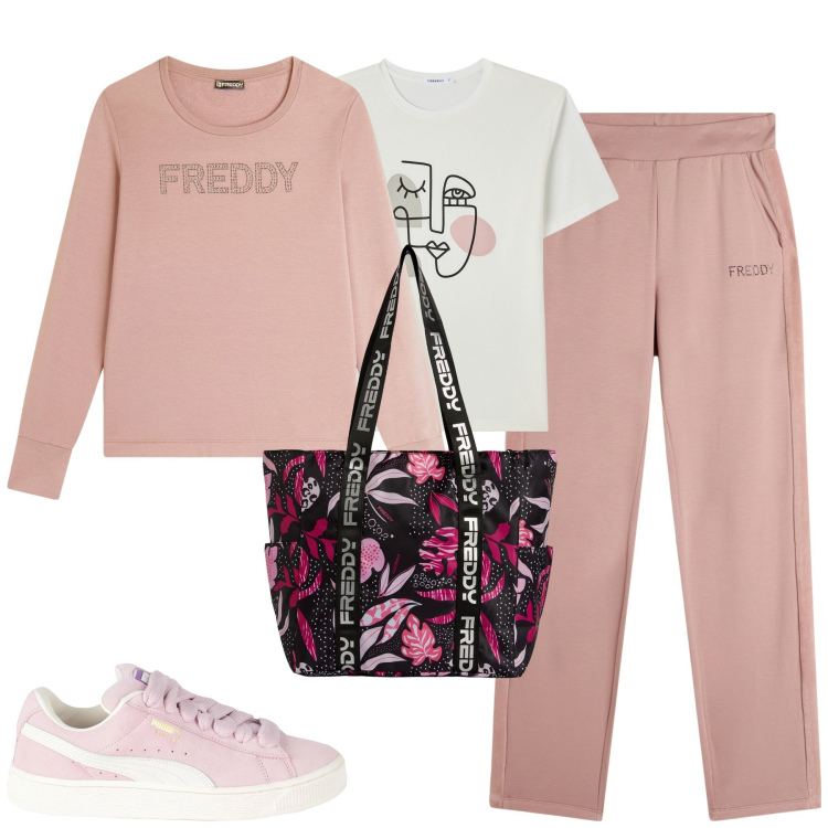 Outfit donna - Weekend. Stile Casual per Tutti i giorni. Abbinamento con sneakers, t-shirt, pantaloni, felpe, shopping bag.