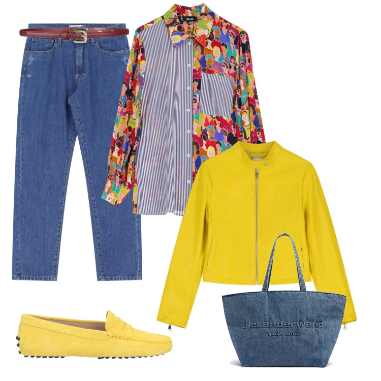 Outfit donna - Giornata piena di sole. Stile Casual chic per Tutti i giorni. Abbinamento con mocassini, cinture, jeans dritti, giacche, camicie, shopping bag.