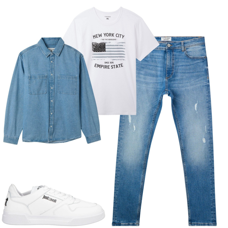 Outfit uomo - City. Stile Casual per Tutti i giorni. Abbinamento con sneakers, t-shirt, camicie, jeans strappati.