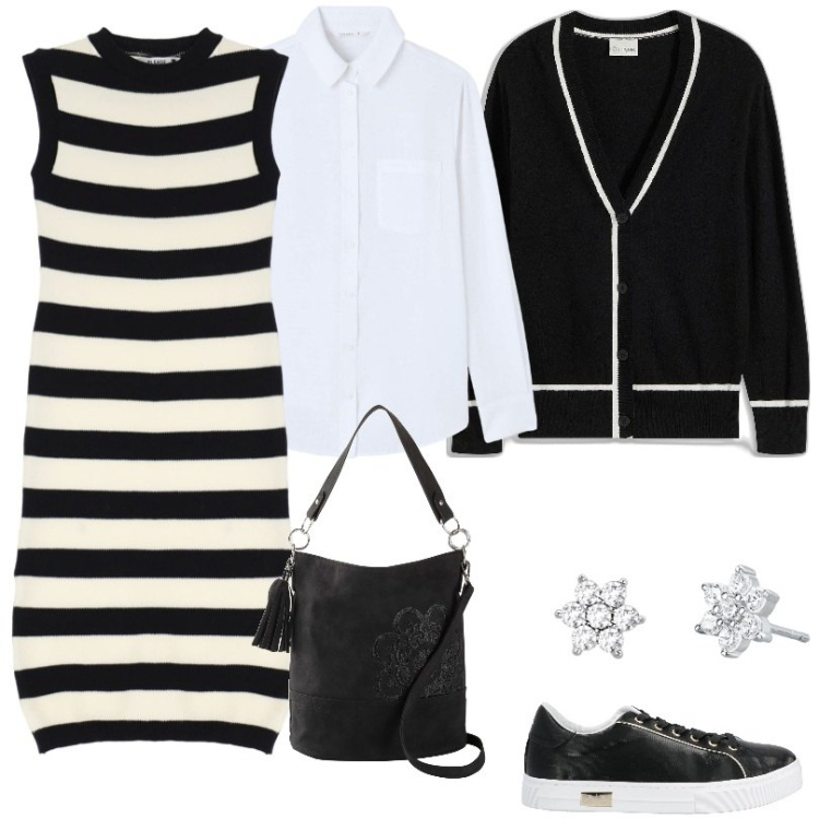 Outfit donna - Total look #2083206. Stile Casual per Tutti i giorni. Abbinamento con borse a mano, cardigans, sneakers, camicie, orecchini, vestiti.
