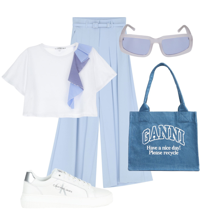 Outfit donna - City time. Stile Trendy per Tutti i giorni. Abbinamento con sneakers, t-shirt, pantaloni, shopping bag, occhiali da sole.