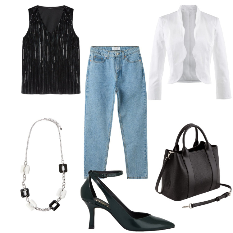 Outfit donna - Una serata in allegria. Stile Casual chic per Serata fuori. Abbinamento con blazer, jeans mom, décolleté, borse a mano, top, collane.