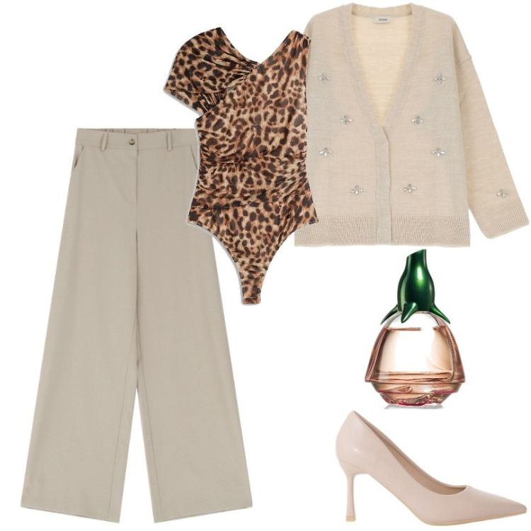 Outfit donna - Total look #2083221. Stile Casual chic per Tutti i giorni. Abbinamento con body, profumi, décolleté, pantaloni a palazzo, cardigans.