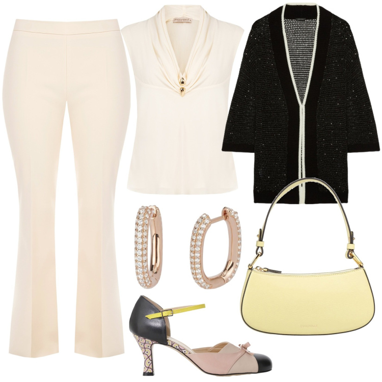 Outfit donna - Invito a nozze. Stile Glamour per Cerimonia. Abbinamento con borse a mano, orecchini, pantaloni a palazzo, bluse, décolleté, cardigans.
