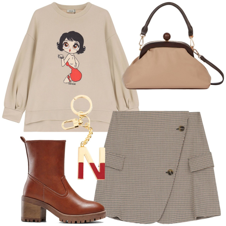 Outfit donna - Mini pied de poule. Stile Trendy per Tutti i giorni. Abbinamento con stivaletti, minigonne, felpe, clutch, portachiavi.
