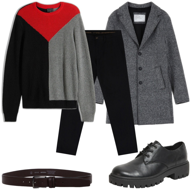 Outfit uomo - Total look #2083246. Stile Trendy per Tutti i giorni. Abbinamento con maglieria, scarpe stringate, pantaloni chino, cappotti, cinture.