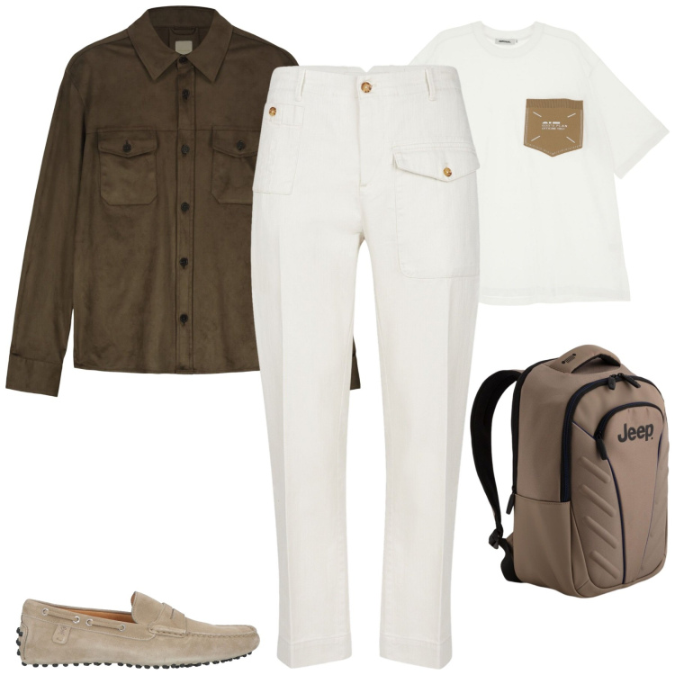 Outfit uomo - Un nuovo giorno. Stile Trendy per Tutti i giorni. Abbinamento con scarpe stringate, t-shirt, giacche, pantaloni, borse sportive.