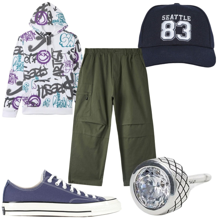 Outfit uomo - Total look #2083261. Stile Urban per Tutti i giorni. Abbinamento con sneakers, cappelli, pantaloni, felpe con cappuccio, orecchini.