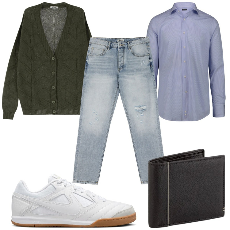 Outfit uomo - Total look #2083266. Stile Casual per Tutti i giorni. Abbinamento con cardigans, jeans strappati, camicie, sneakers, portafogli.