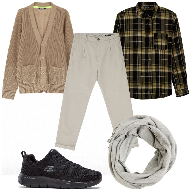 Outfit uomo - Total look #2083268. Stile Casual per Tutti i giorni. Abbinamento con sneakers, sciarpe, camicie, pantaloni chino, cardigans.