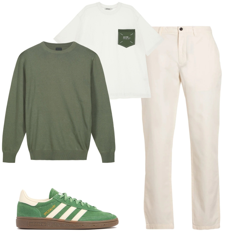 Outfit uomo - Marzo. Stile Casual per Tutti i giorni. Abbinamento con pantaloni chino, t-shirt, maglieria, sneakers.