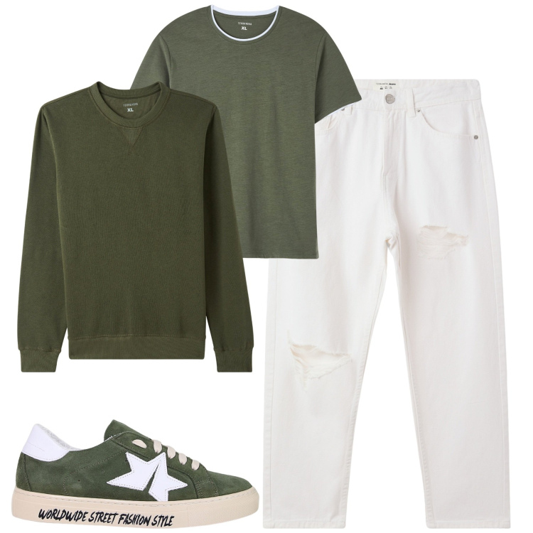 Outfit uomo - City. Stile Casual per Tutti i giorni. Abbinamento con t-shirt, jeans strappati, felpe, sneakers.
