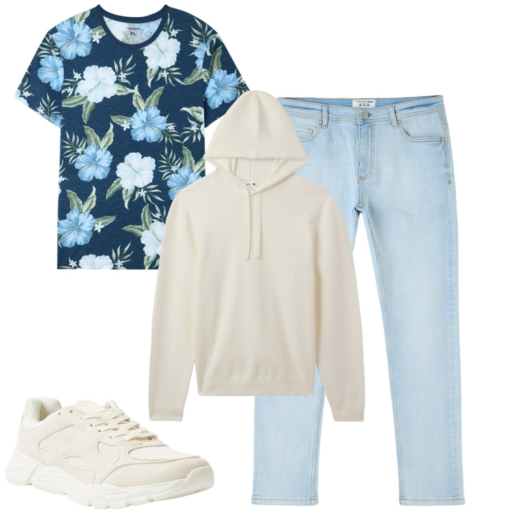 Outfit uomo - Primavera. Stile Casual per Tutti i giorni. Abbinamento con jeans skinny, t-shirt, sneakers, maglieria.