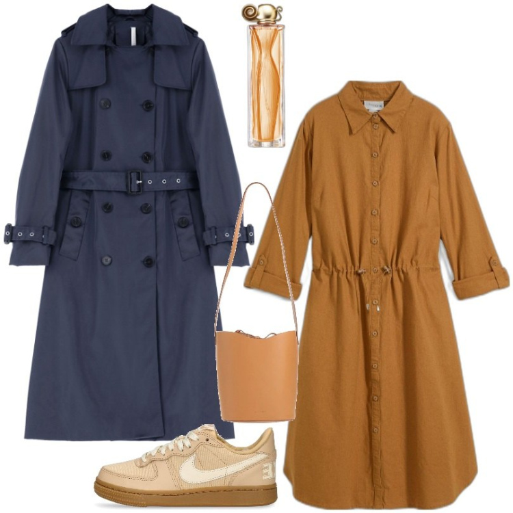 Outfit donna - Total look #2083279. Stile Casual per Tutti i giorni. Abbinamento con vestiti chemisier, borse a mano, profumi, trench, sneakers.