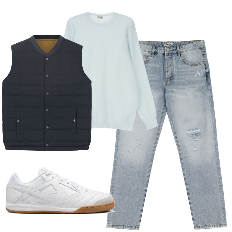 Outfit uomo - City. Stile Casual per Tutti i giorni. Abbinamento con jeans strappati, maglieria, gilet, sneakers.