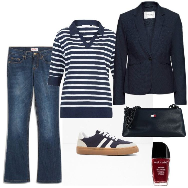 Outfit donna - Piogge leggere di primavera. Stile Basic per Ufficio. Abbinamento con polo, jeans bootcut, blazer, sneakers, borse a mano, smalti.