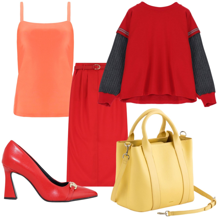 Outfit donna - Colori vitaminici di primavera. Stile Urban per Tutti i giorni. Abbinamento con felpe, gonne lunghe, décolleté, canottiere, borse a mano.