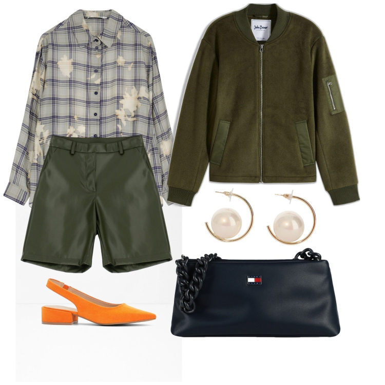 Outfit donna - Il bomber a contrasto. Stile Sporty chic per Tutti i giorni. Abbinamento con décolleté, bomber, borse a mano, camicie, shorts, orecchini.