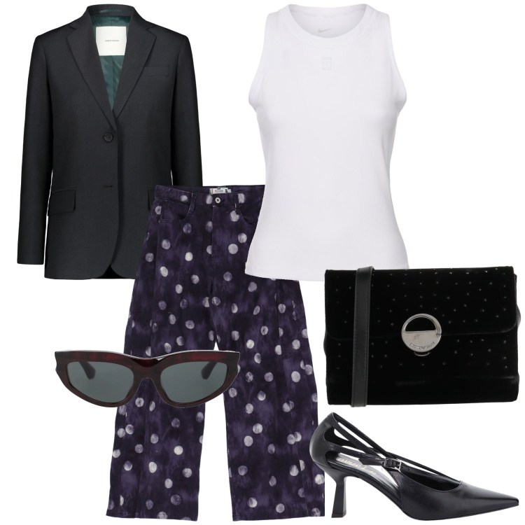 Outfit donna - Ufficio trendy. Stile Urban per Ufficio. Abbinamento con occhiali da sole, borse a tracolla, pantaloni, décolleté, blazer, canottiere.