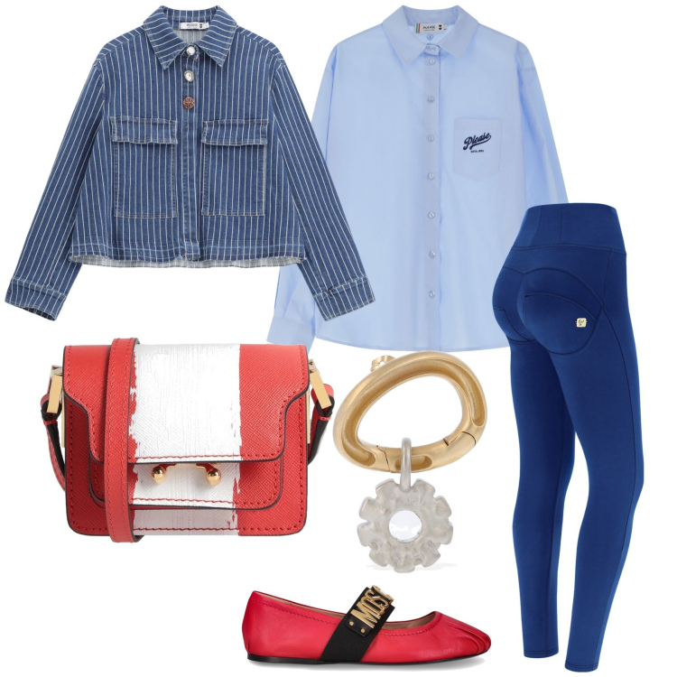 Outfit donna - Total look. Stile Trendy per Tutti i giorni. Abbinamento con borse a tracolla, blazer, camicie, pantaloni skinny, ballerine, orecchini.