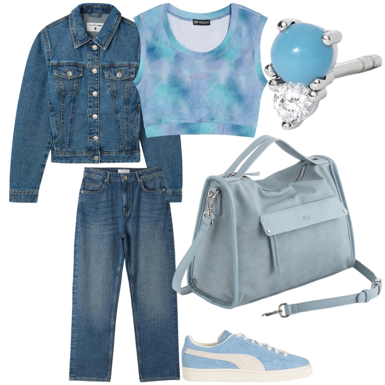 Outfit donna - Blue jeans. Stile Casual chic per Tutti i giorni. Abbinamento con sneakers, blazer, jeans dritti, orecchini, top, borse a mano.