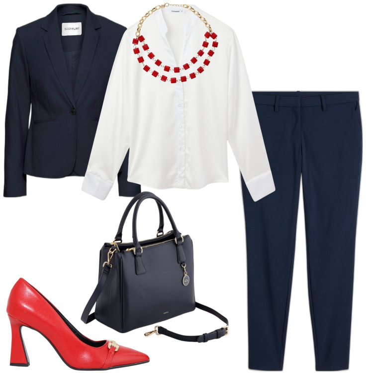 Outfit donna - Total look #2083297. Stile Casual per Ufficio. Abbinamento con blazer, pantaloni, camicie, décolleté, collane, borse a mano.