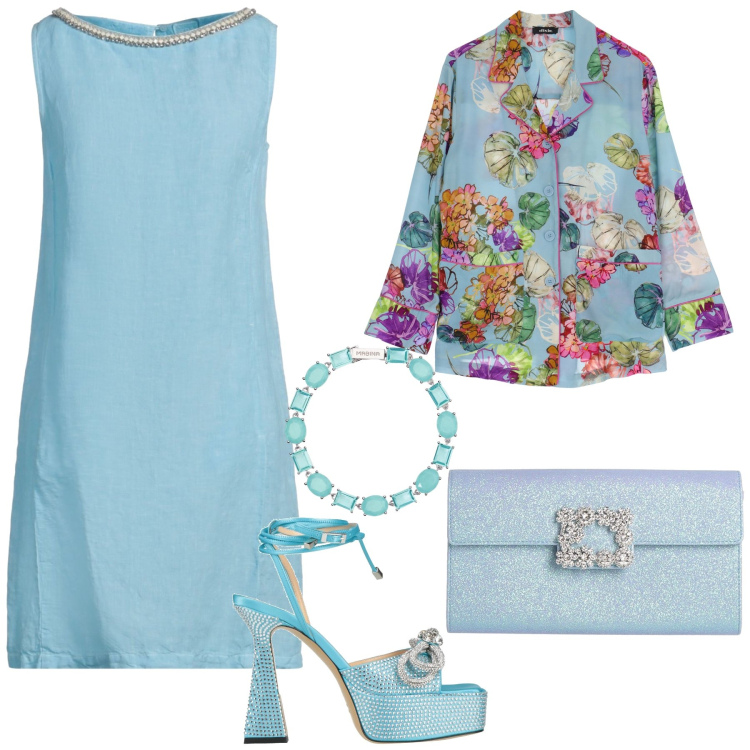 Outfit donna - Total look. Stile Chic per Cerimonia. Abbinamento con vestiti corti, borse a mano, sandali in pelle, braccialetti, camicie.