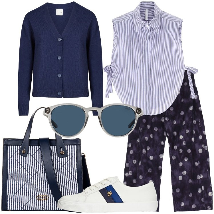 Outfit donna - Bantoa Spring Edit Pois e righe. Stile Basic per Scuola/Università. Abbinamento con shopping bag, pantaloni, camicie, occhiali da sole, sneakers, cardigans.