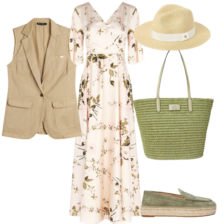 Outfit donna - Passeggiata romantica. Stile Trendy per Tutti i giorni. Abbinamento con vestiti lunghi, gilet, borse tote, espadrillas, cappelli.