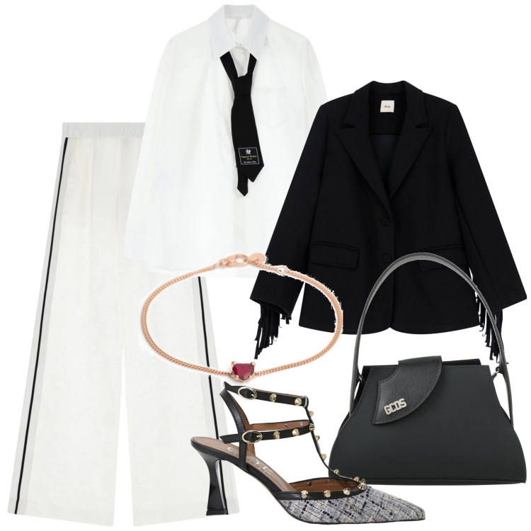Outfit donna - La cravatta. Stile Chic per Ufficio. Abbinamento con borse a mano, pantaloni a palazzo, camicie, décolleté, blazer, braccialetti.
