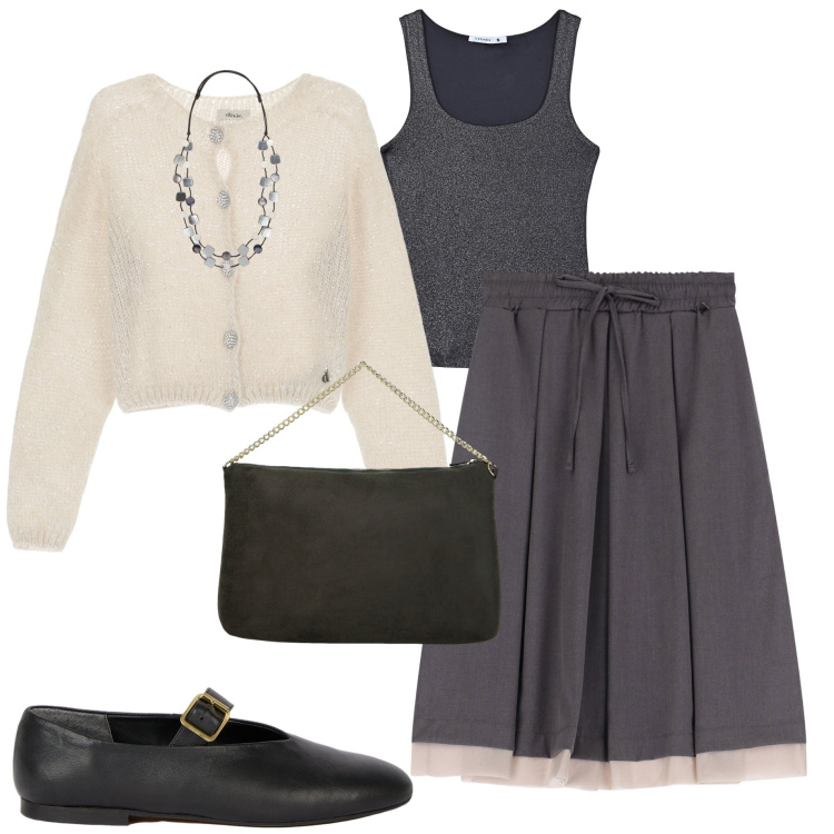 Outfit donna - In ufficio. Stile Sporty chic per Ufficio. Abbinamento con top, gonne longuette, cardigans, pochette, ballerine, collane.
