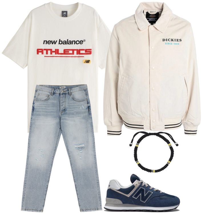 Outfit uomo - Mi vesto comodo per viaggiare. Stile Casual Abbinamento con giacche, braccialetti, sneakers, t-shirt, jeans strappati.