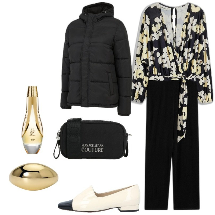 Outfit donna - Casual-lavoro. Stile Casual per Ufficio. Abbinamento con tute, profumi, mocassini, borse a tracolla, anelli, piumini.