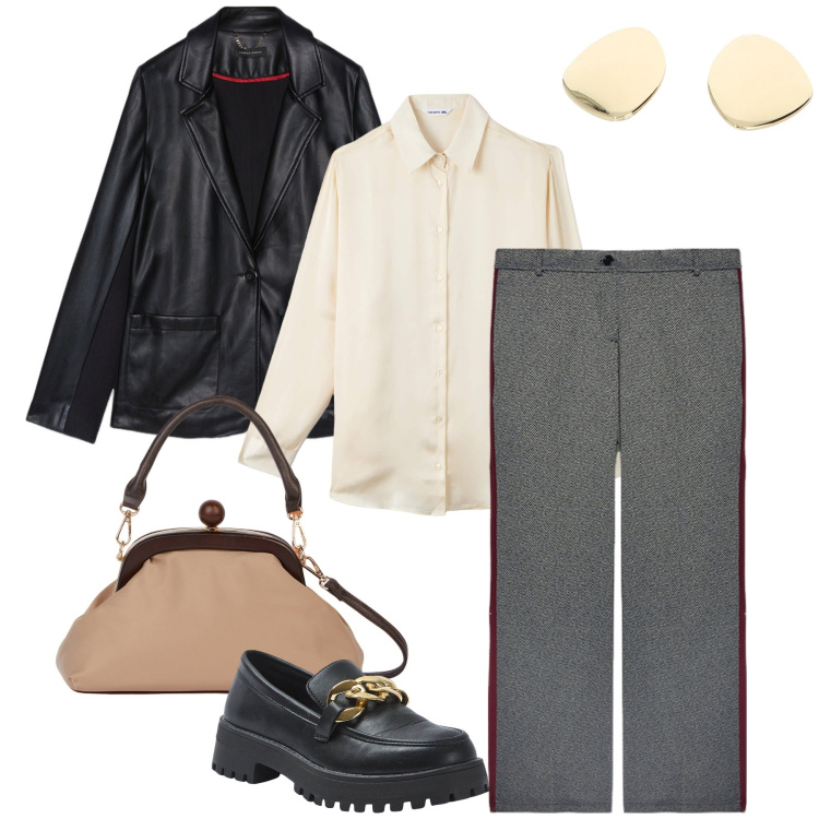 Outfit donna - Il blazer in ecopelle. Stile Mannish per Ufficio. Abbinamento con camicie, mocassini, orecchini, clutch, blazer, pantaloni a palazzo.