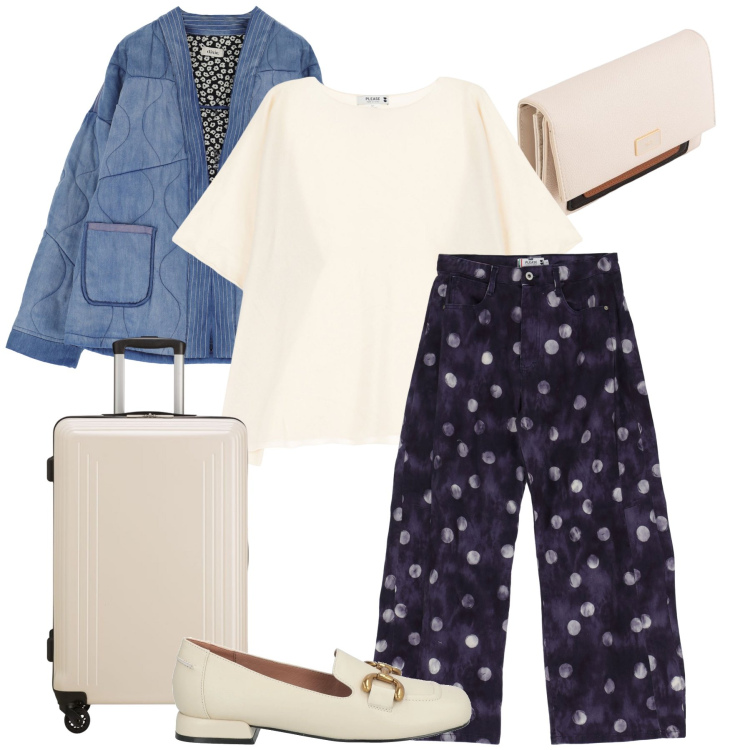 Outfit donna - Il pantalone a pois. Stile Trendy per Tutti i giorni. Abbinamento con mocassini, pantaloni, maglieria, blazer, portafogli, valigie.