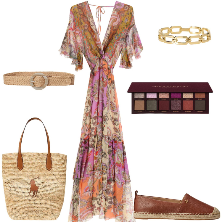 Outfit donna - Spring & Boho Chic. Stile Boho per Tutti i giorni. Abbinamento con ombretti, braccialetti, vestiti lunghi, espadrillas, borse tote, cinture.