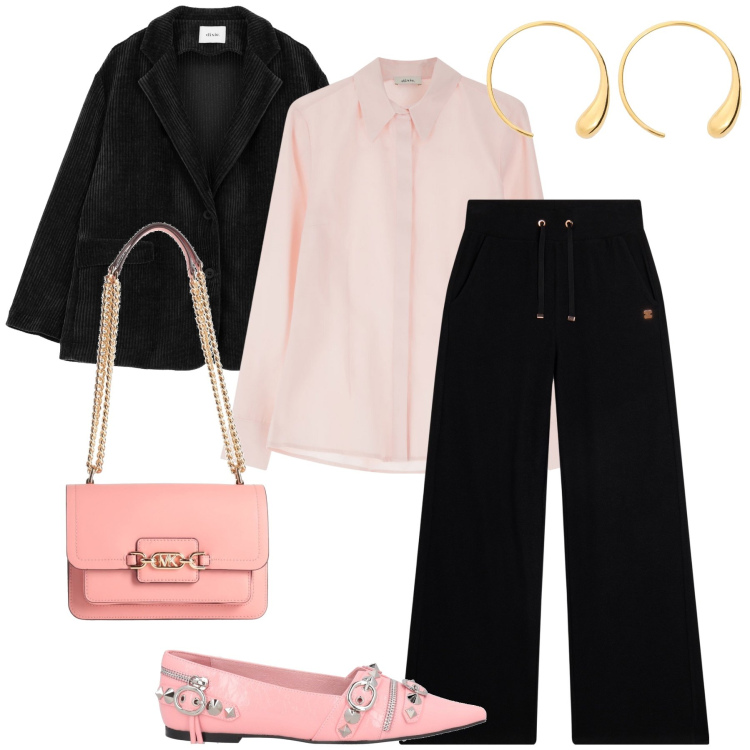 Outfit donna - Dettagli rosa. Stile Romantica per Serata fuori. Abbinamento con borse a spalla, ballerine, pantaloni, camicie, blazer, orecchini.